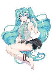 Rule 34 | 1girl, aqua eyes, aqua hair, aqua necktie, barefoot, black skirt, breasts, closed mouth, detached sleeves, full body, grey shirt, hatsune miku, headset, highres, long hair, looking at viewer, masumofu, medium breasts, necktie, number tattoo, shirt, sideboob, simple background, skirt, solo, tattoo, twintails, very long hair, vocaloid, white background