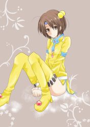 Rule 34 | 1girl, boots, breasts, brown background, brown eyes, brown hair, cleavage cutout, clothing cutout, dress, hair ornament, norma beatty, short hair, tales of (series), tales of legendia, thigh boots, thighhighs