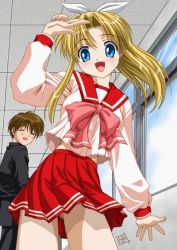 Rule 34 | 1boy, 1girl, :d, blonde hair, blue eyes, bow, brown hair, closed eyes, extra, from below, hair bow, indoors, long hair, looking at viewer, miyauchi lemmy, open mouth, pink bow, ponytail, red skirt, school uniform, serafuku, sidelocks, skirt, smile, to heart, to heart (series), v, white bow