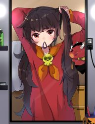 Rule 34 | 1boy, 1girl, absurdres, adjusting hair, arms up, ashley (warioware), black hair, blouse, blush, bottle, chibi, cup, demon horns, dress, female pov, floating, hair tie, hair tie in mouth, highres, holding, holding own hair, horns, indoors, light, light switch, long hair, long sleeves, looking at viewer, meiwari, mirror, mouth hold, neckwear request, nintendo, orange neckwear, plug, pov, red (warioware), red dress, red eyes, red shirt, reflection, shelf, shirt, sidelocks, skull, standing, towel, warioware, witch