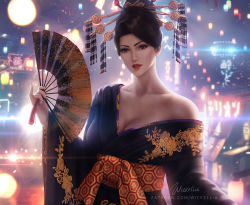Rule 34 | 1girl, artist name, black eyes, black hair, black kimono, breasts, cleavage, collarbone, final fantasy, final fantasy vii, final fantasy vii remake, floral print, folding fan, gold trim, hair bun, hair ornament, hair stick, hand fan, holding, holding fan, japanese clothes, kimono, large breasts, looking at viewer, madam m, makeup, neon lights, off shoulder, pale skin, parted lips, patreon username, pinky out, red lips, solo, square enix, upper body, wall market, wickellia, wide sleeves