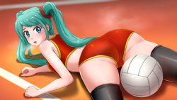 Rule 34 | 1girl, aqua hair, ass, ball, bare shoulders, black thighhighs, blue eyes, blush, breasts, breath, buruma, cameltoe, everlasting summer, from behind, hatsune miku, highres, huge ass, huyase, long hair, looking at viewer, looking back, lying, medium breasts, on floor, on stomach, open mouth, playing sports, solo, steam, sweat, tank top, thighhighs, twintails, vocaloid, volleyball (object)