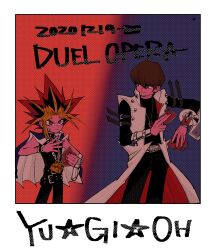 Rule 34 | 2boys, asa03sk, black hair, blonde hair, blue eyes, brown hair, card, commentary request, duel disk, english text, height difference, highres, holding, holding card, kaiba seto, male focus, medium hair, millennium puzzle, multicolored hair, multiple boys, red eyes, red hair, short hair, yami yugi, yu-gi-oh!, yu-gi-oh! duel monsters