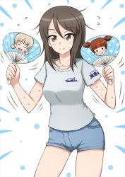 Rule 34 | 10s, 1girl, aki (girls und panzer), blush, breasts, brown eyes, brown hair, girls und panzer, hand fan, large breasts, looking at viewer, mika (girls und panzer), mikko (girls und panzer), omachi (slabco), short shorts, shorts, simple background, smile, solo, sweat, white background