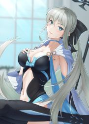 Rule 34 | 1girl, black bow, black thighhighs, blue bow, blue choker, blue eyes, bow, braid, breasts, choker, clothing cutout, fate/grand order, fate (series), french braid, grey hair, hair between eyes, hair bow, highres, indoors, large breasts, light smile, long hair, looking at viewer, morgan le fay (fate), navel, navel cutout, ponytail, ropi (yyuichi29), sitting, solo, thighhighs, very long hair, wariza, window