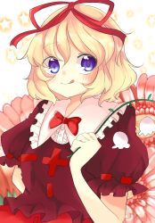 Rule 34 | 1girl, blonde hair, blue eyes, blush, bow, breasts, doll, floral background, flower, frilled shirt, frilled shirt collar, frilled sleeves, frills, highres, holding, holding flower, hyaku paasento, licking lips, lily of the valley, medicine melancholy, medium breasts, puffy short sleeves, puffy sleeves, red bow, red neckwear, red ribbon, ribbon, shirt, short hair, short sleeves, tongue, tongue out, touhou, wavy hair
