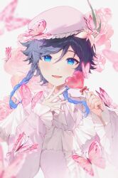 Rule 34 | 1boy, :d, absurdres, beret, black hair, blue eyes, blue hair, blurry, blurry foreground, blush, braid, bug, butterfly, candy, center frills, commentary, floating hair, flower, food, frilled hat, frilled shirt collar, frilled sleeves, frills, genshin impact, gradient hair, hair between eyes, hair flower, hair ornament, hands up, hat, heart, heart-shaped lollipop, highres, holding, holding candy, holding food, holding lollipop, insect, kkopoli, lollipop, long sleeves, looking at viewer, male focus, medium hair, multicolored hair, neck ribbon, open mouth, parted bangs, pink butterfly, pink flower, pink hat, pink rose, pink shirt, puffy long sleeves, puffy sleeves, red ribbon, ribbon, rose, shaped lollipop, shirt, side braids, simple background, smile, solo, swept bangs, symbol-only commentary, twin braids, upper body, venti (genshin impact), white background, white ribbon