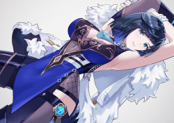 Rule 34 | 1girl, armpits, arms behind head, black gloves, black hair, blue dress, blue hair, bracelet, breasts, cleavage, diagonal bangs, dice, dress, dutch angle, elbow gloves, fingerless gloves, fur-trimmed jacket, fur trim, genshin impact, gloves, green eyes, jacket, jewelry, large breasts, looking at viewer, mole, mole on breast, multicolored hair, neck tassel, parted lips, short hair, simple background, single elbow glove, sleeveless, sleeveless dress, smile, solo, two-tone hair, vision (genshin impact), white gloves, white jacket, yagi2013, yelan (genshin impact)