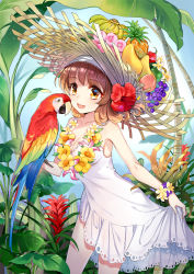 Rule 34 | 1girl, arm at side, banana, bare arms, bird, blurry, blurry background, branch, breasts, brown hair, brown headwear, cleavage, collarbone, contrapposto, cowboy shot, doily, dress, facing viewer, flower, flower necklace, food, food on head, fruit, fruit hat, fruit on head, grapes, hair flower, hair ornament, hairband, hat, hat flower, hatoyama itsuru, hibiscus, highres, jewelry, jungle, lace, lace-trimmed headwear, lace trim, leaf, leaf necklace, legs apart, lei, light blue background, light blush, light particles, looking to the side, mango, medium breasts, medium hair, nature, necklace, object on head, open mouth, original, outdoors, palm leaf, palm tree, parrot, peach, pineapple, plant, plumeria, purple flower, red flower, shade, sideboob, silhouette, simple background, skirt hold, smile, solo, spaghetti strap, straw hat, sun hat, sundress, teeth, thighs, tree, upper teeth only, wavy hair, white dress, white hairband, wrist flower, yellow eyes, yellow flower