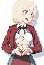 Rule 34 | 1girl, absurdres, blue ribbon, blush, bra, bra lift, breasts, breasts apart, breasts out, clothes pull, commentary, cowboy shot, cursor, embarrassed, eyelashes, floral print, furrowed brow, highres, jacket, large breasts, looking to the side, lycoris recoil, lycoris uniform, nishikigi chisato, oekakiism, one side up, open clothes, open jacket, open mouth, own hands together, red eyes, red jacket, red skirt, ribbon, simple background, skirt, solo, steepled fingers, teeth, underboob, underwear, wavy mouth, white background, white bra