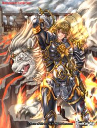 Rule 34 | 1boy, armor, artist name, blonde hair, building, cloud, cloudy sky, copyright name, fangs, fire, force of will, gloves, kamijororo, lion, male focus, official art, open mouth, red eyes, rock, scar, sky, solo, sword, teeth, upper body, weapon, yellow eyes