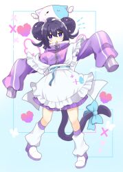 Rule 34 | 0kami 89zo, 1girl, absurdres, apron, blue bow, bow, double bun, frilled apron, frills, full body, hair between eyes, hair bun, heart, highres, jacket, jersey maid, long sleeves, looking at viewer, loose socks, maid, maid apron, open mouth, original, purple eyes, purple hair, purple jacket, sleeves past fingers, sleeves past wrists, socks, solo, standing, stuffed animal, stuffed cat, stuffed toy, tail, tail bow, tail ornament, track jacket, unconventional maid, waist apron, white apron, white socks