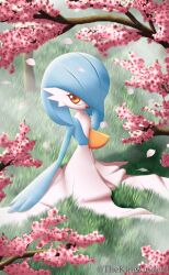 Rule 34 | 1girl, absurdres, alternate color, artist name, blue hair, blue skin, bob cut, cherry blossoms, colored skin, creatures (company), day, female focus, flat chest, flower, full body, game freak, gardevoir, gen 3 pokemon, grass, hair over one eye, hand to own mouth, hand up, happy, highres, jaggy lines, looking to the side, looking up, multicolored skin, nintendo, on ground, one eye covered, open mouth, orange eyes, outdoors, petals, pink flower, pokemon, pokemon (creature), shiny pokemon, short hair, sitting, smile, solo, thekingunder, tree, twitter username, two-tone skin, watermark, white skin
