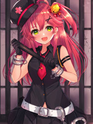 Rule 34 | 1girl, ahoge, alternate costume, arm strap, bars, bell, belt, black gloves, black shirt, black skirt, blush, commentary request, cuffs, gloves, green eyes, hair bell, hair between eyes, hair ornament, hair ribbon, handcuffs, hat, highres, hololive, indoors, long hair, looking at viewer, mi taro333, necktie, one side up, open mouth, peaked cap, pink hair, pleated skirt, red necktie, ribbon, sakura miko, shirt, sidelocks, skirt, sleeveless, sleeveless shirt, solo, virtual youtuber