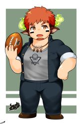 Rule 34 | 1boy, american football (object), animal ears, ball, bara, brown eyes, brown hair, bulge, casual, chibi, cow boy, cow ears, cow horns, facial hair, fiery horns, forked eyebrows, glowing horns, goatee, highres, holding, holding ball, horns, male focus, muscular, muscular male, official alternate costume, osu (osumankokuou), pectorals, solo, thick eyebrows, tokyo houkago summoners, wakan tanka
