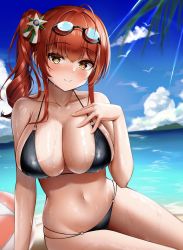 Rule 34 | 1girl, ahoge, arm support, azur lane, ball, bare arms, bare shoulders, beach, beachball, bikini, bird, black bikini, blue sky, blush, breasts, cleavage, closed mouth, cloud, collarbone, commentary request, day, goggles, goggles on head, hair ornament, hand on own chest, highres, large breasts, long hair, mahiro (mahiron1062), navel, ocean, official alternate costume, on ground, orange eyes, outdoors, red hair, shiny skin, sidelocks, sitting, sky, smile, solo, stomach, sweat, swimsuit, water, wide hips, zara (azur lane), zara (poolside coincidence) (azur lane)