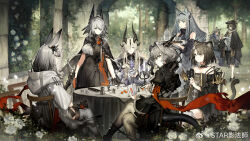 Rule 34 | animal ears, arknights, black dress, black gloves, board game, candle, candlelight, candlestand, chess, cup, dice, dress, eblana (arknights), feather hair ornament, feathers, frostnova (arknights), gloves, golding (arknights), grey hair, hair ornament, hat, highres, holding dice, horns, koshelna (arknights), long hair, looking back, mandragora (arknights), multiple girls, poker, starshadowmagician, tail, talulah (arknights), teacup, teapot