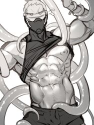 Rule 34 | 1boy, abs, bara, biceps, clothes lift, clothes pull, covered eyes, greyscale, highres, male focus, manly, mask, mature male, monochrome, mouth mask, muscular, muscular male, navel, nipples, overwatch, overwatch 1, pants, pants pull, pectorals, puffy chest, scar, shirt lift, short hair, simple background, soldier: 76 (overwatch), solo, spiked hair, tank top, tentacles, tentacles under clothes, thick arms, tight clothes, upper body, white background, won (won uom)