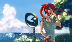 Rule 34 | 1girl, aqua eyes, bh001, breasts, cleavage, cloud, day, large breasts, ocean, outdoors, red hair, sky, solo, tree, twintails, water, wet, wretch