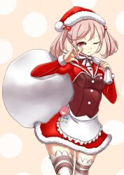 Rule 34 | 10s, 1girl, apron, asya, breasts, cowboy shot, finger to eye, fur trim, hair bobbles, hair ornament, hat, highres, kantai collection, looking at viewer, one eye closed, over shoulder, pink eyes, pink hair, sack, santa costume, santa hat, sazanami (kancolle), short hair, skirt, small breasts, solo, thighhighs, white thighhighs, zettai ryouiki