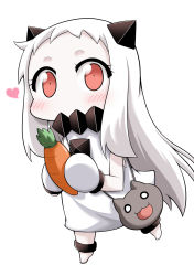 Rule 34 | 10s, 1girl, :3, abyssal ship, carrot, covered mouth, dress, female focus, heart, highres, horns, kantai collection, long hair, mittens, northern ocean princess, sleeveless, sleeveless dress, solo, white hair, yamato nadeshiko