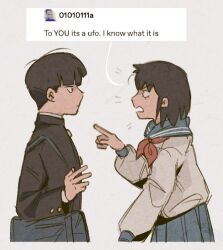 Rule 34 | 1boy, 1girl, bag, black hair, blue sailor collar, blue skirt, closed mouth, commentary, english commentary, english text, from side, gakuran, grey background, kageyama shigeo, kurata tome, long sleeves, looking at another, mob psycho 100, mp100days, neckerchief, open mouth, pointing, pointing at another, red neckerchief, sailor collar, school uniform, serafuku, shirt, short hair, shoulder bag, simple background, skirt, tumblr, white shirt