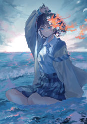 Rule 34 | 1girl, absurdres, arm up, black hair, blue eyes, blue necktie, blue skirt, brown jacket, cloud, collared shirt, flower, highres, holding, holding flower, horizon, jacket, long sleeves, looking at viewer, necktie, ocean, open clothes, open jacket, original, outdoors, partially submerged, plaid, plaid necktie, plaid neckwear, plaid skirt, scenery, shirt, short hair, signature, sitting, skirt, sky, solo, sutera sea, water, waves, white shirt