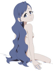 Rule 34 | 1girl, blue eyes, blue hair, breasts, closed mouth, little witch academia, long hair, looking at viewer, looking back, mary (little witch academia), nude, simple background, small breasts, smile, solo, white background
