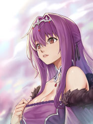 Rule 34 | 1girl, absurdres, bad id, bad pixiv id, breasts, cleavage, cloud, cloudy sky, dress, fate/grand order, fate (series), feather trim, fur-trimmed dress, fur trim, hair between eyes, hand on own chest, headpiece, highres, large breasts, looking afar, outdoors, parted lips, purple dress, purple hair, red eyes, scathach (fate), scathach skadi (fate), sky, solo, tiara, upper body, yizhirenben