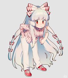 Rule 34 | 1girl, albino, alternate costume, bad id, bad twitter id, bent over, blush, bow, cigarette, contemporary, cosplay, fujiwara no mokou, full body, hair bow, hair ribbon, hand in pocket, hirasawa susumu, hirasawa susumu (cosplay), kiri futoshi, long hair, long sleeves, looking at viewer, mouth hold, p-model, pants, red eyes, ribbon, shirt, shoes, signature, simple background, smile, sneakers, solo, striped clothes, striped shirt, touhou, very long hair, white hair