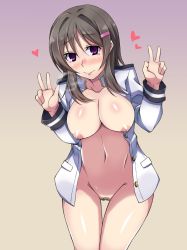Rule 34 | 1girl, breasts, character request, closed mouth, coat, copyright request, cowboy shot, double v, female pubic hair, gradient background, grey hair, hair intakes, hair ornament, hairclip, heart, highres, jacket, kuroama, large breasts, looking at viewer, naked coat, navel, nipples, open clothes, open jacket, pubic hair, purple background, purple eyes, pussy, shiny skin, short hair, simple background, solo, standing, tears, thigh gap, v, white jacket, yellow background