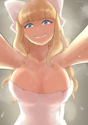 Rule 34 | &gt;:p, 1girl, :p, blade ride, blonde hair, blue eyes, blunt bangs, blush, bow, breasts, charlotte (fire emblem), cleavage, collarbone, eyelashes, female focus, fire emblem, fire emblem fates, hair bow, hair ornament, large bow, large breasts, lips, long hair, looking at viewer, naked towel, naughty face, nintendo, onsen, pov, shiny skin, smile, solo, steam, sweat, tongue, tongue out, towel, v-shaped eyebrows, wet
