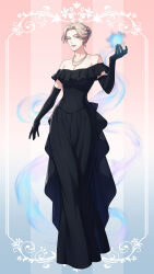 1girl alexis_albern bare_shoulders black_dress black_gloves blue_eyes braid braided_bun breasts brown_hair cleavage dress earrings elbow_gloves full_body gloves hair_bun hand_up highres jewelry lipstick looking_at_viewer magic makeup necklace pixiv_fantasia pixiv_fantasia_scepter_of_zeraldia shima108 solo standing stud_earrings