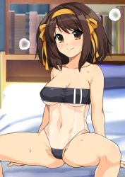 Rule 34 | 1girl, arm support, bare shoulders, bed sheet, blurry, blush, book, bookshelf, bow, breasts, brown eyes, brown hair, cleavage, closed mouth, collarbone, covered erect nipples, depth of field, feet out of frame, gris swimsuit, hair bow, hair ornament, hairband, haruhisky, highres, looking at viewer, medium breasts, medium hair, meme attire, navel, on bed, one-piece swimsuit, orange bow, orange hairband, see-through swimsuit, sidelocks, sitting, smile, solo, spread legs, steam, suzumiya haruhi, suzumiya haruhi no yuuutsu, sweat, swept bangs, swimsuit