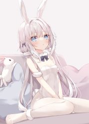 Rule 34 | 1girl, :o, animal, animal ears, bare shoulders, blue eyes, blush, breasts, commentary, elbow gloves, english commentary, fur-trimmed gloves, fur trim, gloves, grey background, grey hair, hair intakes, hair over shoulder, heart, heart-shaped pillow, highres, hoshi (snacherubi), leotard, low twintails, no shoes, original, pantyhose, parted lips, pillow, rabbit, rabbit ears, simple background, sitting, small breasts, solo, strapless, strapless leotard, twintails, wariza, white gloves, white leotard