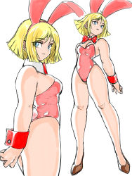 Rule 34 | 1girl, absurdres, animal ears, bad id, bad twitter id, bare legs, blonde hair, blue eyes, bow, bowtie, breasts, brown footwear, cleavage, cuffs, detached collar, eyes visible through hair, fake animal ears, gundam, highres, leotard, looking at viewer, medium breasts, mobile suit gundam, multiple views, pink leotard, playboy bunny, rabbit ears, rabbit tail, red neckwear, sayla mass, short hair, simple background, tail, toshinoshin, white background