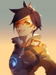 Rule 34 | 1girl, ask (askzy), brown hair, earrings, goggles, gradient background, grin, jewelry, lips, looking at viewer, multicolored background, nose, overwatch, overwatch 1, parted lips, portrait, short hair, smile, solo, spiked hair, tracer (overwatch), two-tone background, upper body