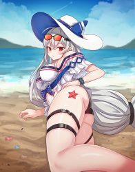 Rule 34 | 1girl, arknights, arm support, artist name, ass, bad id, bad pixiv id, bare legs, bare shoulders, beach, blue shorts, commentary request, eyewear on head, feet out of frame, hair between eyes, head tilt, highres, korean commentary, kumarang, long hair, looking at viewer, low-tied long hair, lying, navel, off-shoulder shirt, off shoulder, official alternate costume, on side, outdoors, red eyes, shell, shirt, short shorts, short sleeves, shorts, silver hair, skadi (arknights), skadi (waverider) (arknights), solo, starfish, stomach, sunglasses on head, thighs, very long hair, white headwear, white shirt