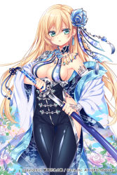Rule 34 | 1girl, animal print, arm warmers, armor, armpit peek, bird print, blonde hair, blue gemstone, blue kimono, blue ribbon, breasts, cleavage, commentary request, company name, copyright name, detached collar, earrings, floral print, flower, flower knot, gem, green eyes, hair between eyes, hair flower, hair ornament, hair ribbon, hip vent, holding, holding sheath, holding sword, holding weapon, japanese clothes, jewelry, katana, kimono, legs together, long hair, long sleeves, looking at viewer, medium breasts, mitsuba choco, mole, mole under eye, necklace, off shoulder, official art, parted lips, pauldrons, print kimono, print ribbon, ribbon, scabbard, sengoku hanafuda kassen, sheath, shiny clothes, shoulder armor, simple background, single arm warmer, single pauldron, skin tight, solo, standing, straight hair, sword, tassel, thigh gap, underbust, unsheathing, very long hair, weapon, white background, wide sleeves
