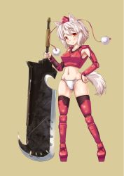 Rule 34 | 1girl, akadume, animal ears, armor, blush, boots, crossover, detached sleeves, female focus, floral print, gauntlets, hand on own hip, hat, hat ribbon, huge weapon, inubashiri momiji, long sleeves, looking at viewer, midriff, monster hunter (series), no pants, no shirt, panties, red eyes, ribbon, short hair, silver hair, smile, solo, sword, tail, thigh boots, thighhighs, tokin hat, touhou, underwear, weapon, white panties, wide sleeves, wolf ears, wolf tail