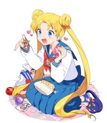 Rule 34 | 1girl, :d, bishoujo senshi sailor moon, blue sailor collar, blue skirt, bow, coin purse, commentary request, dotaku, double bun, earrings, gashapon, heart, highres, jewelry, long hair, luna (sailor moon), open mouth, pleated skirt, red bow, sailor collar, school uniform, serafuku, simple background, sitting, skirt, slippers, smile, solo, tsukino usagi, very long hair, wariza, white background