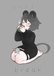 Rule 34 | alcohol, animal ears, barefoot, black sweater, blush, bottomless, closed eyes, cup, drinking, drinking glass, english text, grey hair, highres, mouse (animal), mouse ears, mouse girl, mouse tail, nazrin, seiza, serakawa, short hair, sitting, sweater, tail, tea, teacup, touhou, wine, wine glass