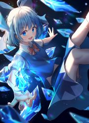 Rule 34 | 1girl, :d, \||/, absurdres, ahoge, bloomers, blue bow, blue eyes, blue hair, blue shirt, blurry, blurry background, blurry foreground, blush, bow, bowtie, chromatic aberration, cirno, cryokinesis, crystal, dark background, depth of field, dfd, feet out of frame, flat chest, floating, foreshortening, glowing, hair bow, highres, ice, ice wings, legs up, looking at viewer, midriff peek, open mouth, outstretched arms, perspective, puffy short sleeves, puffy sleeves, red bow, red bowtie, shirt, short hair, short sleeves, sidelighting, simple background, smile, solo, touhou, underwear, v-shaped eyebrows, white shirt, wing collar, wings