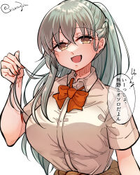 Rule 34 | 1girl, adapted costume, alternate hairstyle, bow, bowtie, braid, brown eyes, collared shirt, commentary request, dress shirt, french braid, grey hair, highres, kantai collection, matsunaga (haku), orange bow, orange bowtie, school swimsuit, shirt, simple background, smile, solo, suzuya (kancolle), swimsuit, translation request, twitter username, upper body, white background, white shirt