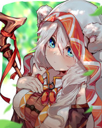 Rule 34 | 1girl, animal ears, bare shoulders, blue eyes, breasts, cloak, closed mouth, cymlim, dress, druid kanna, forest, guardian tales, highres, hood, hooded cloak, jewelry, large breasts, long hair, long sleeves, looking at viewer, nature, necklace, staff, white hair