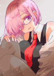 Rule 34 | 1girl, 24maid3, blush, breast press, breasts, fate/grand order, fate (series), glasses, grey background, hair over one eye, highres, looking at viewer, mash kyrielight, medium breasts, necktie, pink hair, purple-framed eyewear, red necktie, short hair, smile, solo