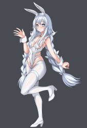 Rule 34 | 1girl, absurdres, ahoge, animal ears, azur lane, between breasts, blue eyes, braid, breasts, choker, closed mouth, covered erect nipples, fake animal ears, frilled sleeves, frills, grey background, hair between eyes, hand up, headband, high heels, highres, korean commentary, le malin (azur lane), le malin (listless lapin) (azur lane), leg up, leotard, no bra, o-ring, o-ring choker, official alternate costume, pantyhose, playboy bunny, pugom, sidelocks, simple background, small breasts, solo, standing, standing on one leg, symbol-shaped pupils, thigh strap, thighhighs, thighs, twintails, white footwear, white hair, white headband, white leotard, white thighhighs