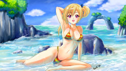 Rule 34 | 10s, 1girl, :d, absurdres, alternate costume, arm support, arm up, armpits, artist name, barefoot, bikini, blonde hair, blue ribbon, blush, breasts, cleavage, cloud, collarbone, covered erect nipples, day, eyebrows, female focus, hair ribbon, highres, holding, holding hair, kawakami mai, large breasts, long hair, looking at viewer, mole, mole under eye, musaigen no phantom world, navel, ocean, open mouth, outdoors, partially submerged, purple eyes, ribbon, ribs, shiny skin, side-tie bikini bottom, side ponytail, signature, sitting, sky, smile, solo, stomach, strap gap, striped bikini, striped clothes, swimsuit, tan (knock up), waves