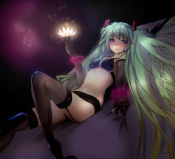 Rule 34 | 1girl, bad id, bad pixiv id, belly, bra, dot r, elbow gloves, garter straps, gloves, green hair, hatsune miku, long hair, looking at viewer, lying, navel, solo, thighhighs, twintails, underwear, very long hair, vocaloid