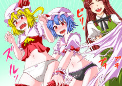 Rule 34 | 3girls, :d, ^ ^, ascot, assisted exposure, beret, black panties, blonde hair, blue hair, blush, braid, chinese clothes, closed eyes, clothes pull, d:, d:&lt;, dress, drooling, emphasis lines, closed eyes, fangs, flandre scarlet, frilled panties, frilled sleeves, frills, hat, hong meiling, long hair, mob cap, multiple girls, navel, no wings, open mouth, panties, pink dress, puffy short sleeves, puffy sleeves, red eyes, red hair, remilia scarlet, ribbon, shiraue yuu, shirt, short sleeves, siblings, side braid, side ponytail, sisters, skirt, skirt pull, skirt set, smile, sound effects, stomach, torn clothes, torn dress, touhou, twin braids, underwear, undressing, v-shaped eyebrows, vest, white panties, wrist cuffs
